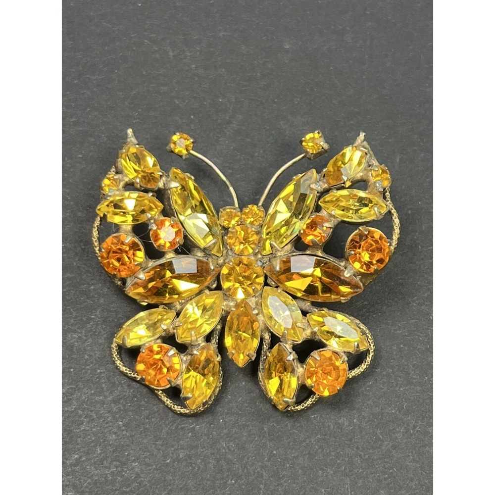 Vintage REGENCY Butterfly Brooch Orange & Yellow Rhinestones Gold Tone Signed